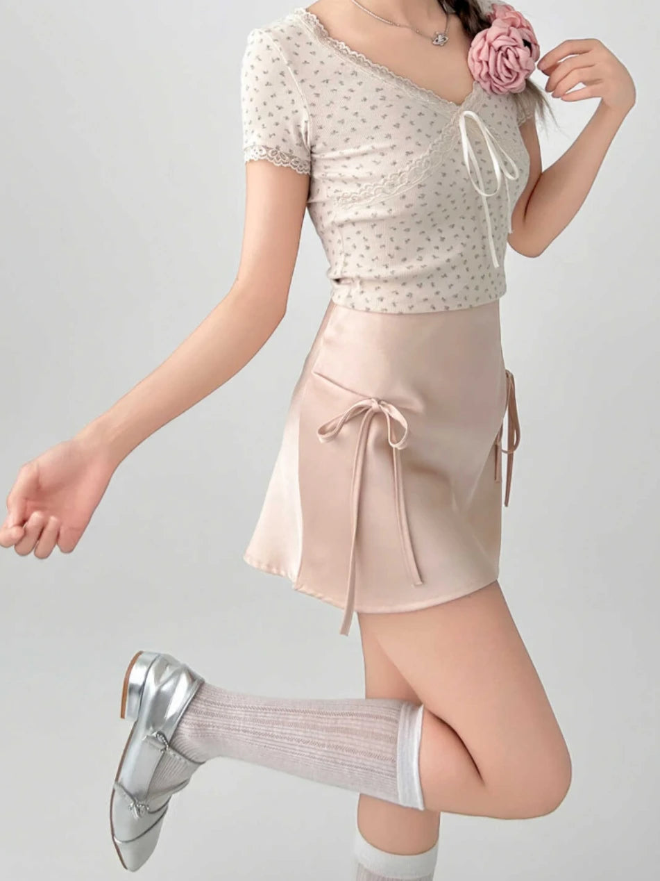 Mini Skirts Bow High Waist Flamingo