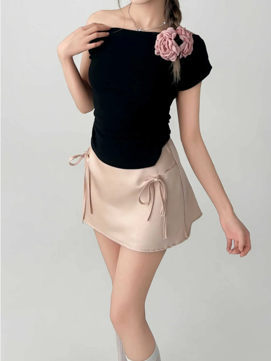 Mini Skirts Bow High Waist Flamingo